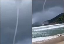 Tromba d’água chama a atenção de banhista em praia de Paraty