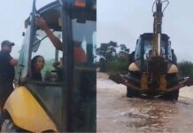 Mulher Utiliza Uma Retroescavadeira Para Atravessar Rio No Interior Da Bahia. Mulher Utiliza Uma Retroescavadeira Para Atravessar Rio No Interior Da Bahia.