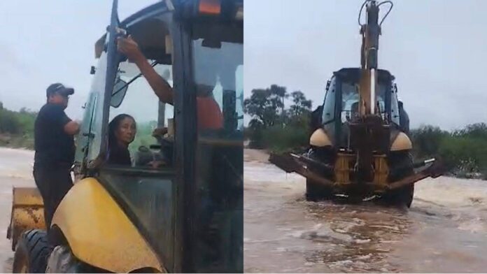 Mulher Utiliza Uma Retroescavadeira Para Atravessar Rio No Interior Da Bahia.